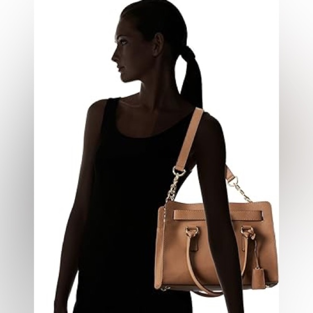 Michael Kors Hamilton Beige Saffiano Leather Satchel, Gold Chain Accent and Lock - Picture 2 of 15